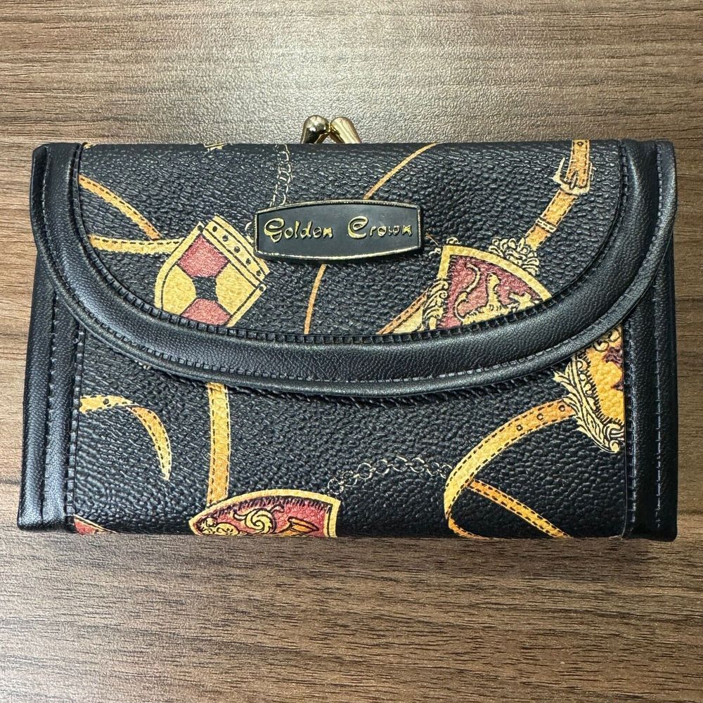 Golden Crown Woman's England Royal Coat Of Arms Jewels Black Gold Wallet Unused‎
